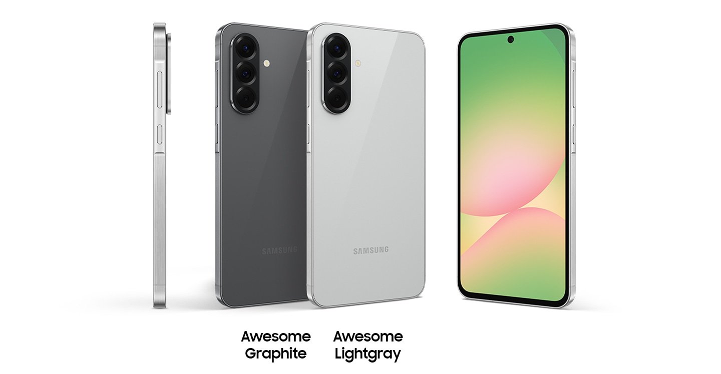 Six Galaxy A56 5G devices. The one in the far left is in side view to indicate the slim thickness of Galaxy A56 5G. The next four devices are in the same tilted rear view with each matching color name Awesome Pink, Awesome Olive, Awesome Graphite, Awesome Lightgray underneath. On the very right is a Galaxy A56 5G in a slightly tilted front view with an abstract graphic onscreen.